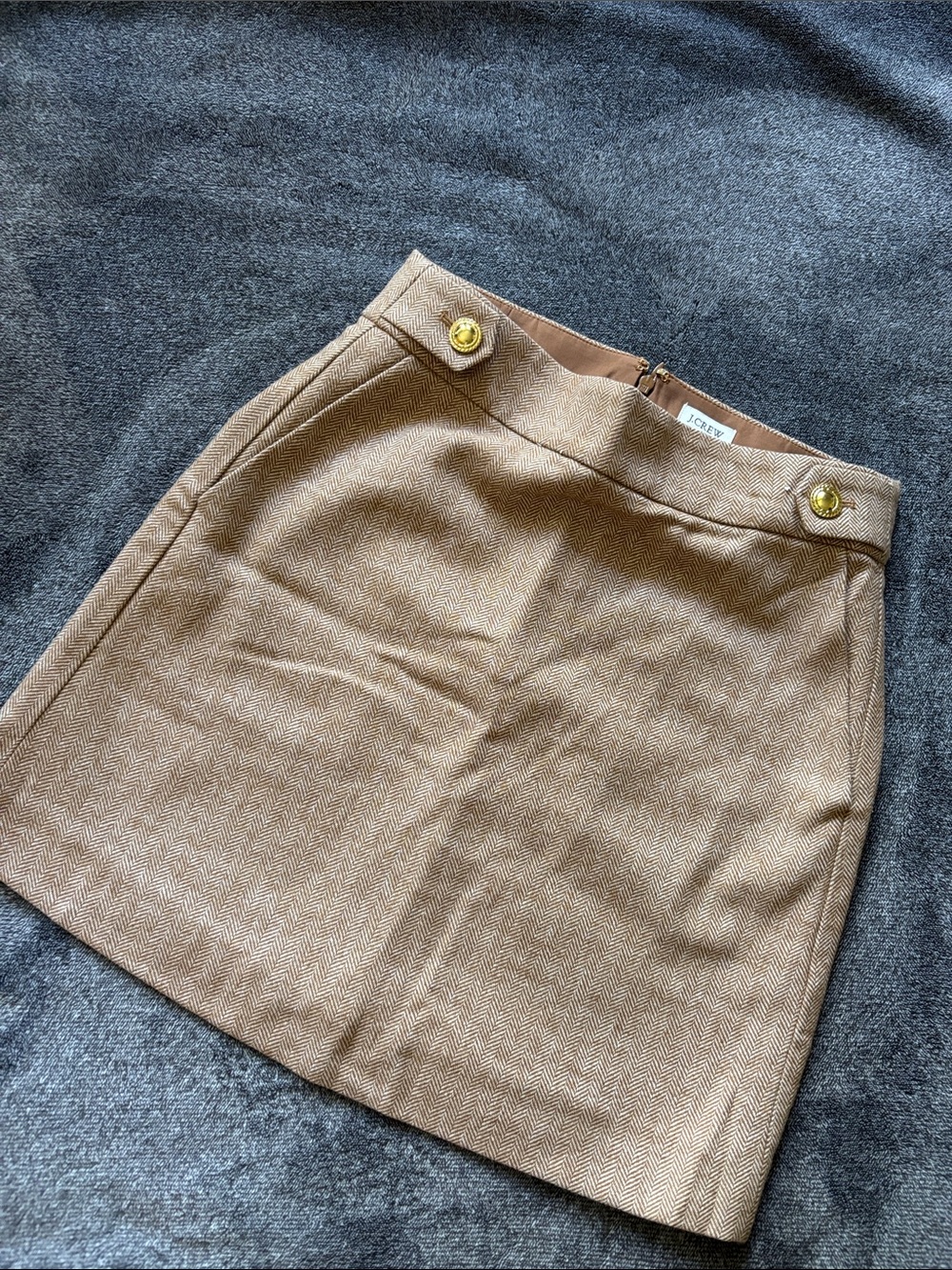 J. Crew Camel Herringbone Skirt with Gold Buttons